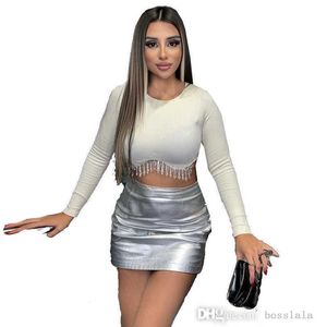 Neue Frauen Quaste T-shirt Sexy Schlank Bodybutton Hemd Langarm Ausgesetzt Diamant Crop Top Tees 2023 Frühling Herbst Kleidung