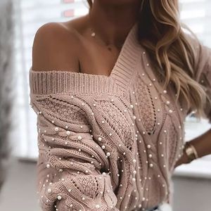 Women s Sweaters Autumn Winter Casual Knitted Sweater Women Elegant Beaded Loose Tops Sexy V Neck Long Sleeve Solid Pullover Jumper 221206