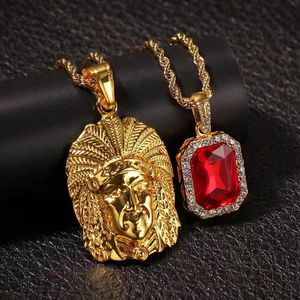 Iced Out Indian Chief Red Gem Pendant Necklace Jewelry Set Men Luxury Designer Mens Gemstone Bling Diamond Pendants 24 30 tum 3m271l