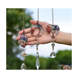 Hängen Yoga Healing Spiritual Home Window Wall Hanging Pendant Decor Tree of Life Hang Chakra Stone Prism Natural Crystal Charm eller DHZF1