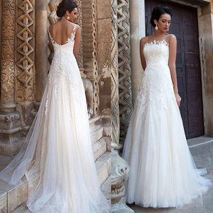 Элегантное кружевное свадебное платье для невесты современные A-Line Scoop Roolves Bridal Howns Классические кружевные аппликации в нижней части спины