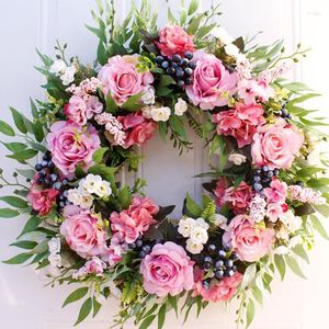 Decorative Flowers Artificial Spring Wreath 15.7in Rose Berry Hydrangea Cluster Branch Indoor Outdoor Living Room Meeting Decoration