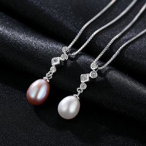 Micro Set Zircon S925 Silver Freshwater Pearl Pendant Halsband Kvinnor smycken Nytt mode Charmig Lady Box Chain Necklace Accessory Gift