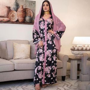 Ethnic Clothing Floral Print Muslim Abaya Women Maxi Dresses Sexy V-neck Dubai Kaftan Robe Long Sleeve Eid Mubarak Clothes Islamic