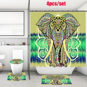 4 Teile/satz Badezimmer Duschvorhang Toilettenmatte Aquarell Elefant Gedruckt Waschraum Badematten Vorhänge Bildschirm mit rutschfesten Teppichvorlegern