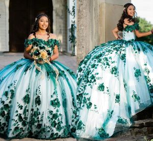 2023 Expensive Emerald Green Quinceanera Dresses White Lining Floral Flowers Pearls Lace Appliques Off The Shoulder Sweet 16 Dress Long Train