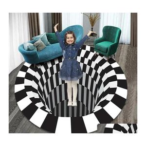 Mattor runt Threensional 3D Illusion Carpet Svartvitt visuellt vardagsrum Dekoration Hem Checkrum Badrum Dekor Mattor Inv Dhom5