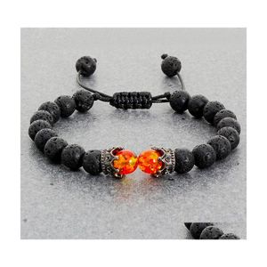 Perlenarmband aus schwarzem Lavastein, Kronen-Charm, Tigerauge-Perlen-Armband für Männer und Frauen, geflochtene Armbänder, handgefertigt, verstellbarer Schmuck 5646 Q2 Dro Dhgba