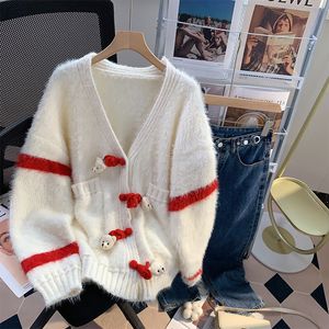 Women s Knits Tees High Quality Winter Sweater Coats Faux Mink Cashmere Soft Jacket Puff Sleeve Button V Neck Knitted Sweet Cardigan Oversize 221206