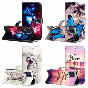 Wolf Leather Wallet Cases For Samsung S24 Plus Ultra S23 FE A25 A24 A15 A05 A05S Fashion Print Flip Leopard Butterfly Tree Flower Cat Credit ID Card Slot Holder Pouch
