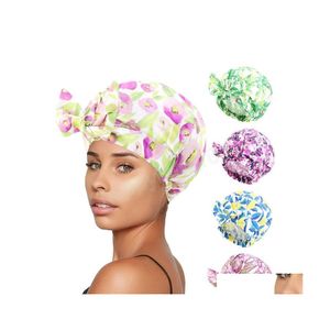 Beanie/Skull Caps Waterproof Women Reusable Shower Cap Elastic Bow Print Flower Bath Hat Bathing Hats Satin Hair Bonnet Silky Slee C Dh0Dt