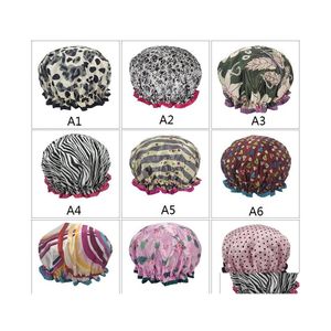 Paraorecchie 34 Stili Mtipattern Donne spesse Doccia Cappelli in raso Paraorecchie Colorf Bagno Docce Cappellini Capelli Er Doppio Bagno impermeabile Ca Dhzxh