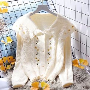 Malhas shits tees vintage suéter de inverno harajuku feminino cor de cardigã bordado seção curta seção pan pan colar casual streetwear tops 221206