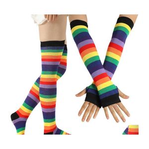 Fem fingrarhandskar Fem fingrarhandskar Kvinnor Rainbow Stripes Over Knee Thigh High Socks Arm Warmer Fingerless Set Fancy Dress Cosp Dhifw