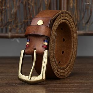 Bälten 3.8 cm tjock retro Men Belt Big Copper Pin Buckle Wild Top Full Grain äkta läder för jeans avslappnad vintage rem