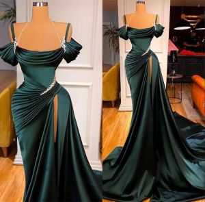 Sexy Dark Green Satin Mermaid Prom Dresses Spaghetti Straps Pleats Seep Train Formal Evening Occasion Pageant Gowns Robe De