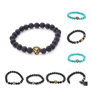 Bracelets de charmes perlés pour hommes femmes en gros antique plaqué or bouddha lion tête de lion bracelet lave noire pierre naturelle perlée Dr Dhrdw