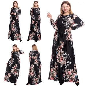 Ethnic Clothing Plus Size Abaya Muslim Floral Print Maxi Long Dress Women Islmaic Kaftan Gowns Arab Pleated Sleeve O-neck Robe Black