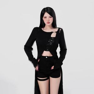 Kvinnorjackor Spring Autumn Women Harajuku Punk Style Black Metal Buckle Coat Casual Fashion Gothic Long Sleeve Outwear Streetwear