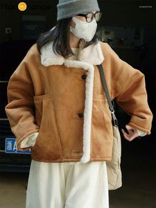 Women's Fur HanOrange 2022 Winter Vintage Fake One Piece Drop Shoulder Jacket Warm Thick False Coat Female Khaki Outwear