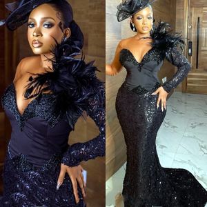 Arabic Aso Ebi Mermaid Black Prom Dresses With Feathers Sheer Neck Long Sleeves Plus Size Formal Evenig Ocn Gowns Robe De Soiree