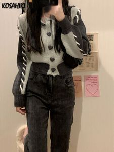 Kvinnor S KNITS TEES Y2K Eesthetic Harajuku Vintage Fashion Autumn Sweater Patchwork Heart Button Cardigan Femme Contrast Color Crop Tops 221206