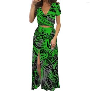 Arbetskl￤nningar Hycool Polynesian Tribal Green Summer Casual Women s￤tter kl￤der outfit sexig topp och kjol set mode elegant f￶r