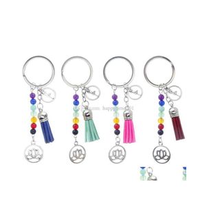 Keychains Lanyards Tassel Lotus 7 Chakra Natural Stone Beads Reiki Key Chain Ring Keychains For Men Women Family Kids Gift Keychai Dhhjk