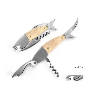 Openers Fish Shaped Wooden Handle Wine Beer Opener Portable 304 Stainless Steel Kitchen Restaurant Bar Inventory Wholesale Drop Deli Dh8Fl
