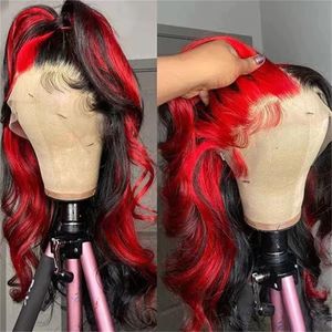Ombre höjdpunkt röd svart färgade peruker HD transparent frontal kroppsvåg mänskligt hår före plockad 13x4 spets front syntetisk wig2024