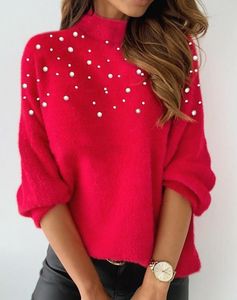 Women's Sweaters for Women Fashion Beaded High Neck Long Sleeve Fluffy Casual Autumn Pullover 221206