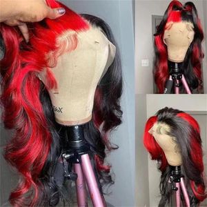Ombre Podświetlone czerwono czarne peruki HD przezroczyste koronkowe frontalne perukę fala ludzkie włosy przed wyrzucane 13x4 koronkowe przedni syntetyczna peruka