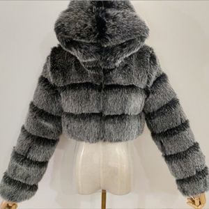 QNPQYX Fashion Hooded Faux Fur Coat Women New Winter High Quality Warm Blue Furry Overcoat Elegant Plush Crop Jacket Femme Fur