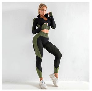 Seamless Women Yoga Outfits Fitnessstudio Sports Anzüge Fitness -Workout Laufkleidung Sportbekleidung Langarm Crop Top Leggings BH Sports Set