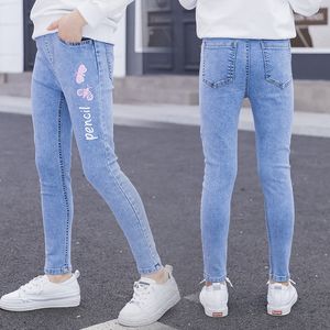 Calças jeans jovens com princesa garotos magros jeans leggins para meninas calças 4 14 anos 221207