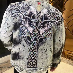 Mens Jeans Jacket Streetwear Motorcycle Punk Embroidery Denim Spring Hip Hop Shinning Dazzling