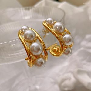 Stud Earrings French Vintage Design High Touch Pearl Half Ring Curved Gold Ins Simple Cool Wind