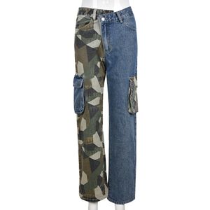 Fashion Women Jeans Color Contrast Camouflage Slim Fit High Waist Wide Leg Trousers Casual Long Denim Pants