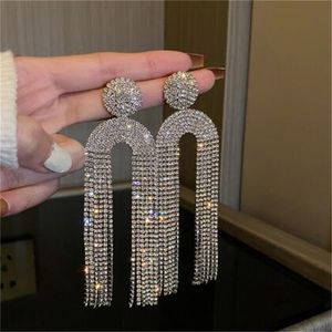 Long Tassel Rhinestone Drop Earrings for Women Geometric U Shape Crystal Dangle Earrings Statement Jewelry Gifts