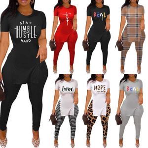 Desinger Frau Brief Muster Gedruckt Trainingsanzüge Schlank Sexy Split Kurzarm T-shirt Hosen Outfits 2 Stück Passenden Set 18 farben