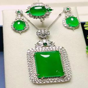Jade smycken set kvinnor zirkon smaragd hänge halsband örhängen ring