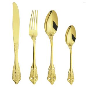 Flatvaruuppsättningar 32st Gold Cutery Set 304 Rostfritt stål Middagsresultat Western Knife Fork Spoon Kök Bordsåverkan Silvervis