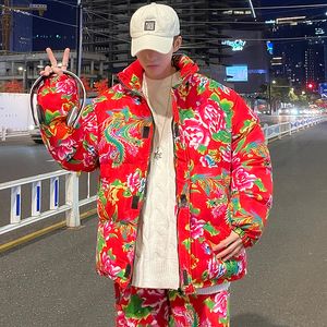 Men's Down Parkas Northeast Big Flower Print Cotton Padded Coat Red Year Trendy Thickened Pattern 221207