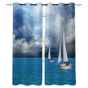 Cortina Boat Boat Ocean Clouds Blue Living Room pendurada cortinas