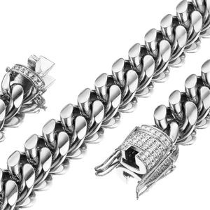 チェーンシルバーカラーメンキューバリンクチェーンホワイト14mm幅のステンレス鋼の縁石ネックレスまたはダイヤモンドチョーカー付きブレスレット7 5-30 