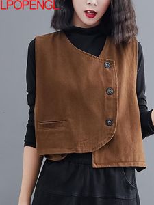 Damenwesten Frauen Lose Baumwolle V-Ausschnitt Ärmelknopf Einfarbig Lässiger Mantel Frühling Koreanischer Stil Vintage Einfaches Gemütliches Top 221207