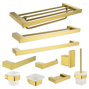 Badtillbehör Set Gold Borsted Badrumstillbehör Hardware Handel Bar Rollpappershållare Rack Hylla Robe Hook Soap Dish Toalett Borste Square