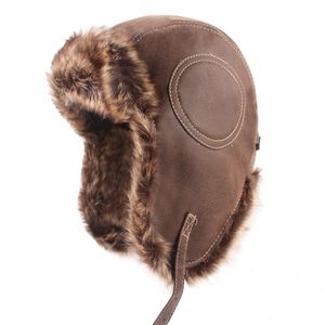 冬の男性USHANKA HAT PILOT AVIATOR BOMBERTRAPPER HAT FAUX FAUX FAURソフトウォームレザースノーキャップ耳のフラップが厚くなるロシアの帽子を厚く