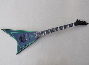グリーンステッカー付きブラックVエレクトリックギターフロイドローズローズウッドフィンガーボード24フレットはリクエストとしてカスタマイズできます