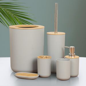 Banyo Aksesuar Set Banyo Aksesuarları 6pieces Bambu Duş Kiti Sabun Dispenser Diş Macunu Diş Pırtan Tutucu Tuvalet Fırça Çöp Kutusu 221207